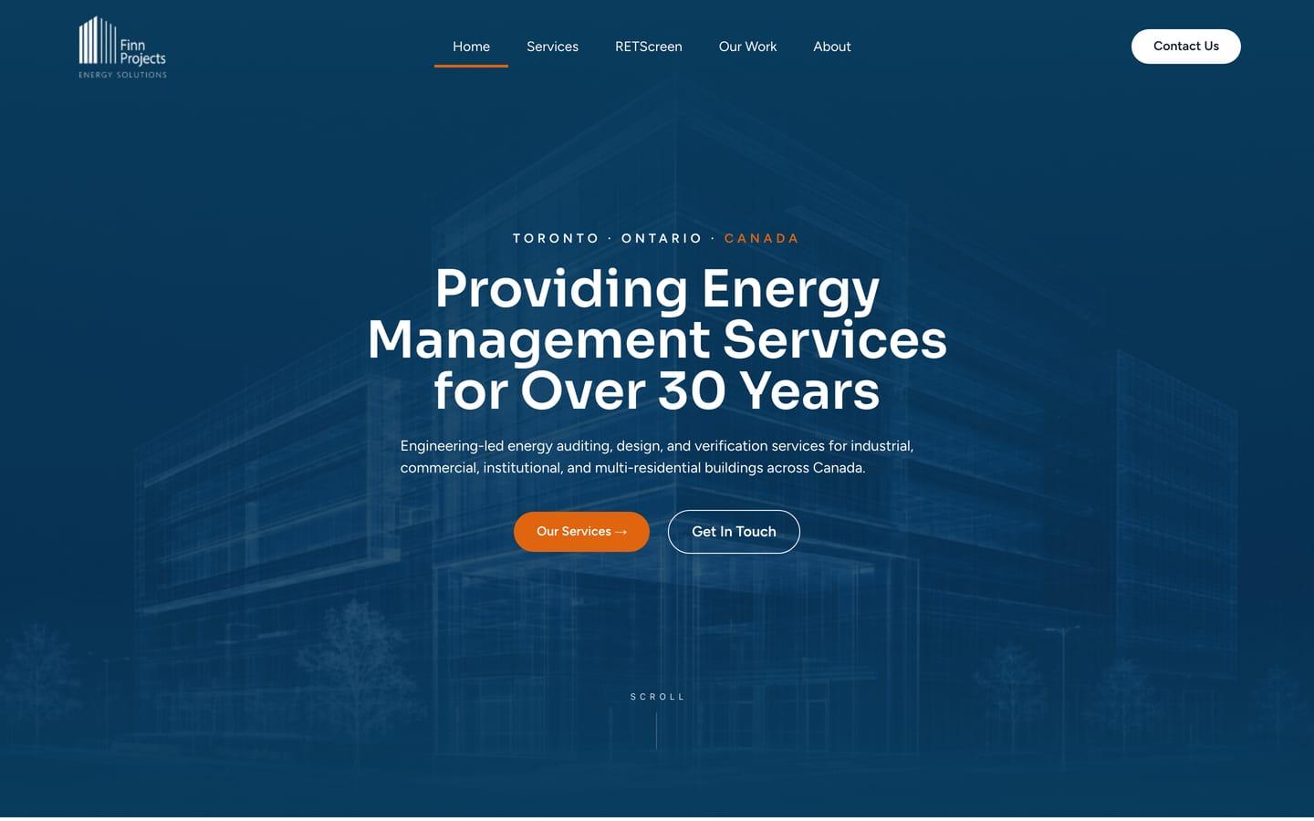 The new Finn Projects homepage on a laptop: the headline Providing Energy Management Services for Over 30 Years with two buttons