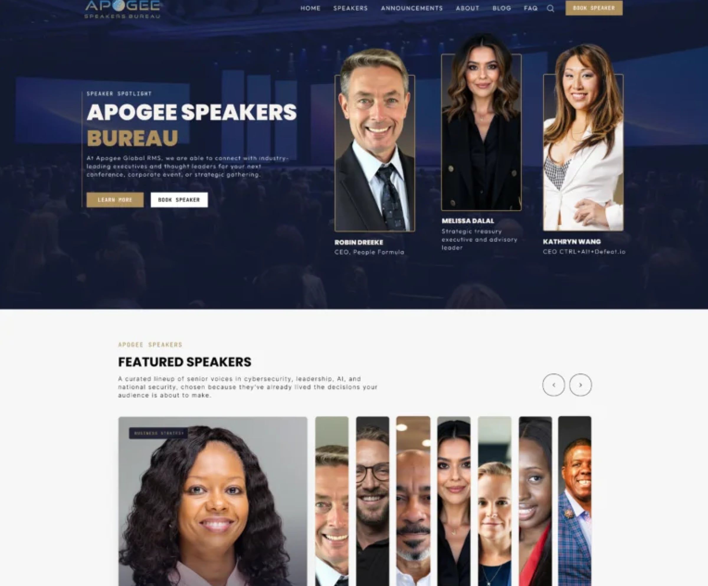 Apogee Speakers Bureau homepage, a web design project by Clear Pixel