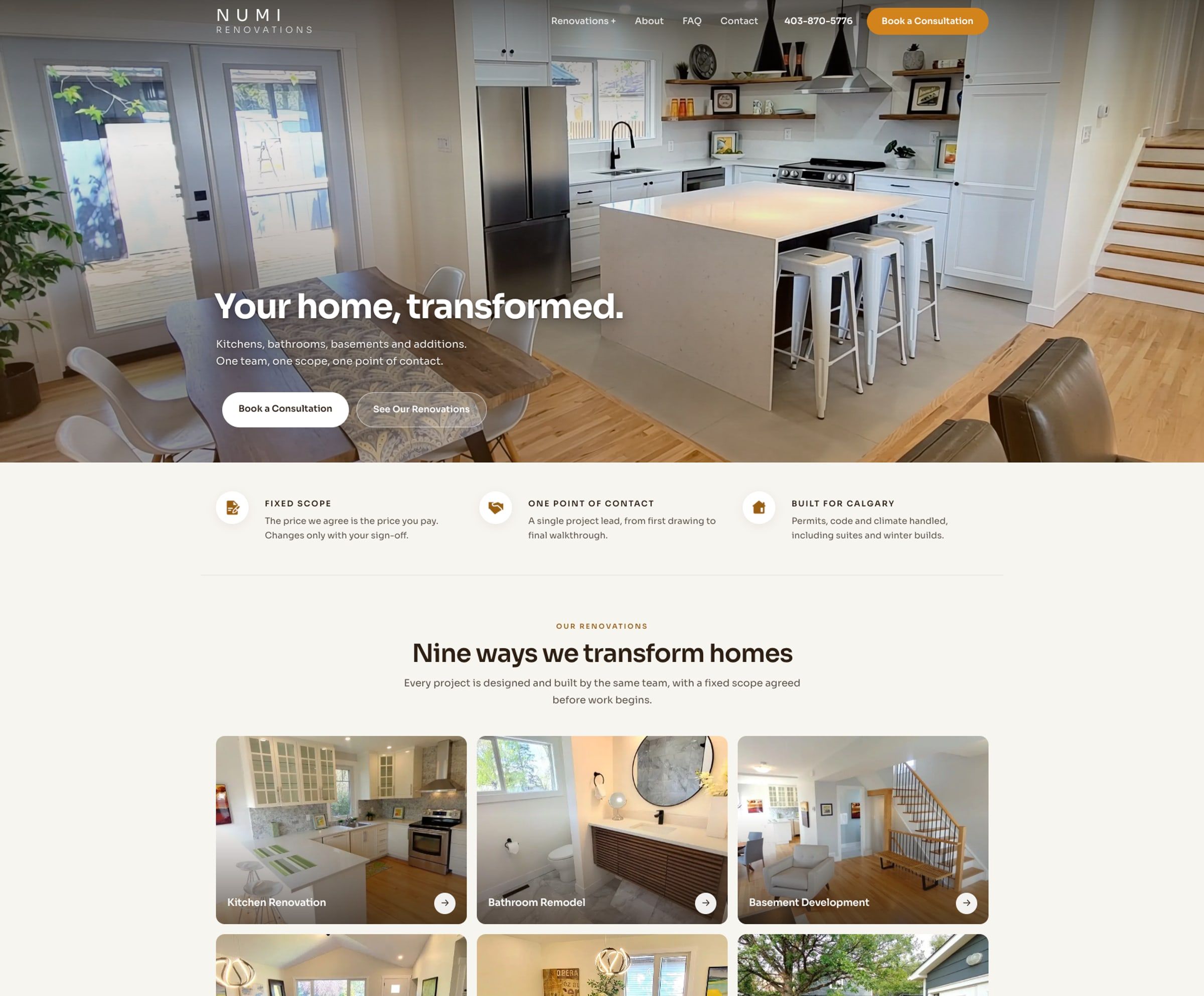 NUMI Renovations homepage, a redesign project by Clear Pixel