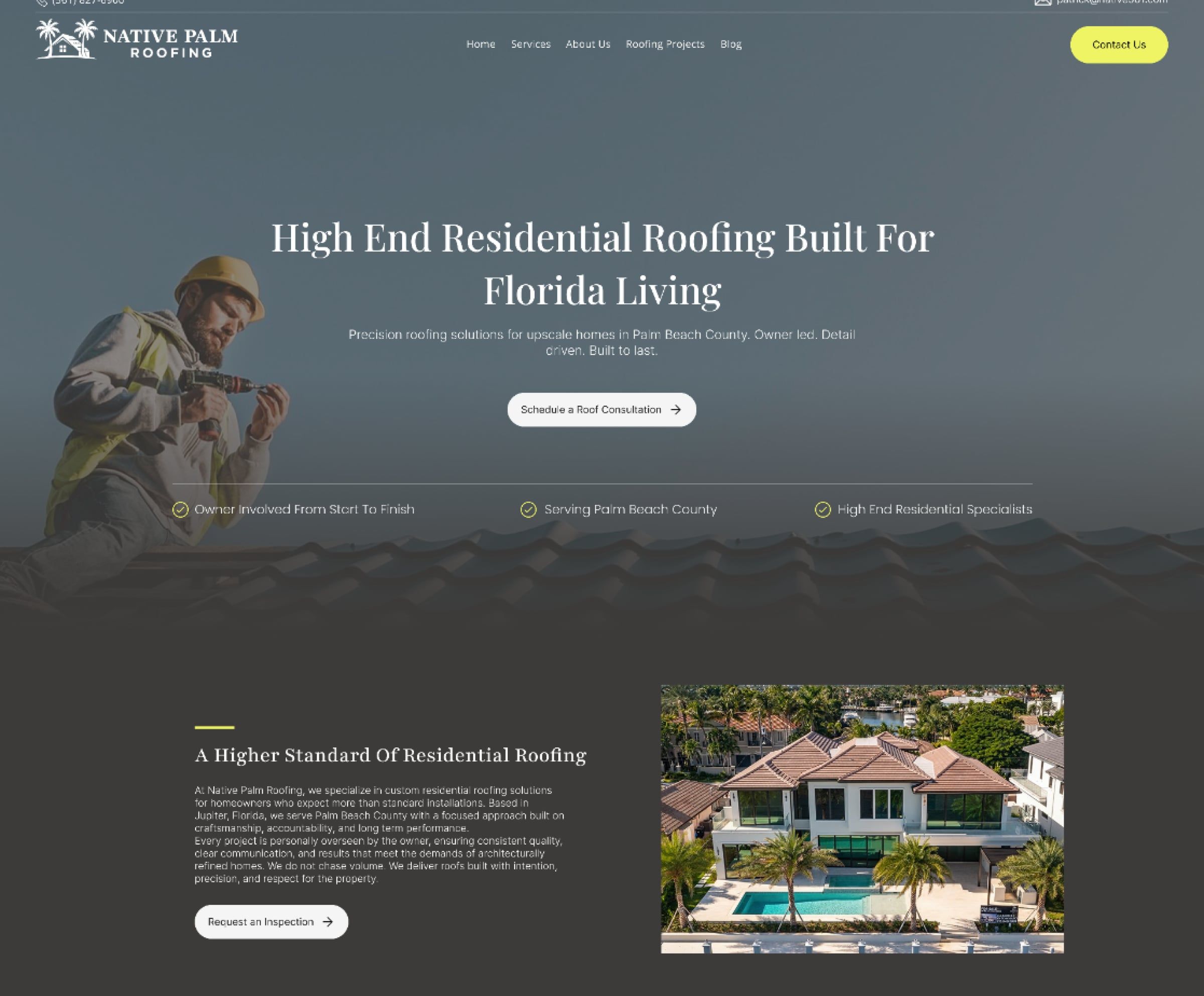 Native Palm Roofing homepage, a local seo project by Clear Pixel
