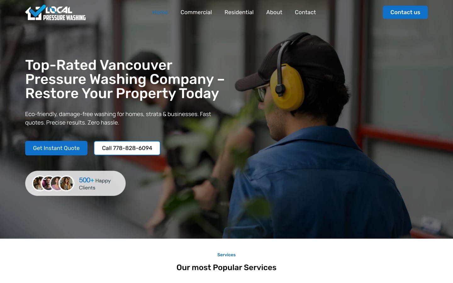 The new Local Pressure Washing homepage on a laptop: a dark photo hero with Get Instant Quote and Call buttons and a 500+ Happy Clients badge