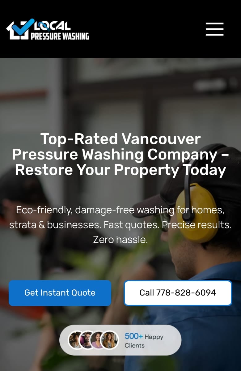 The new Local Pressure Washing homepage on a phone: the headline with Get Instant Quote and Call buttons