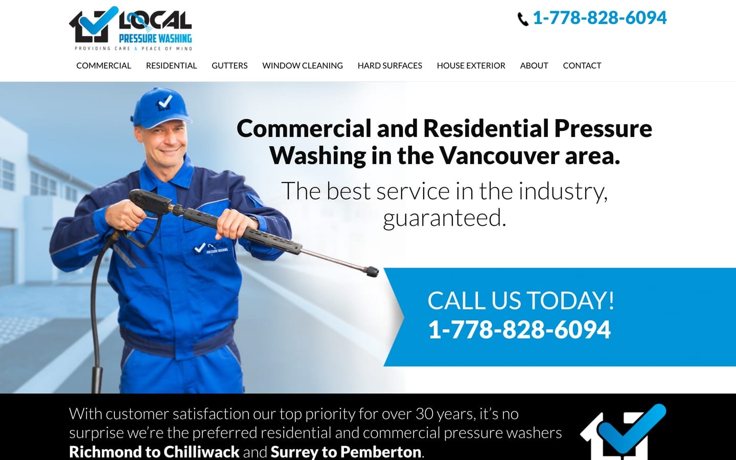 The old Local Pressure Washing homepage on a laptop: a stock photo of a worker beside a large CALL US TODAY! banner with the phone number