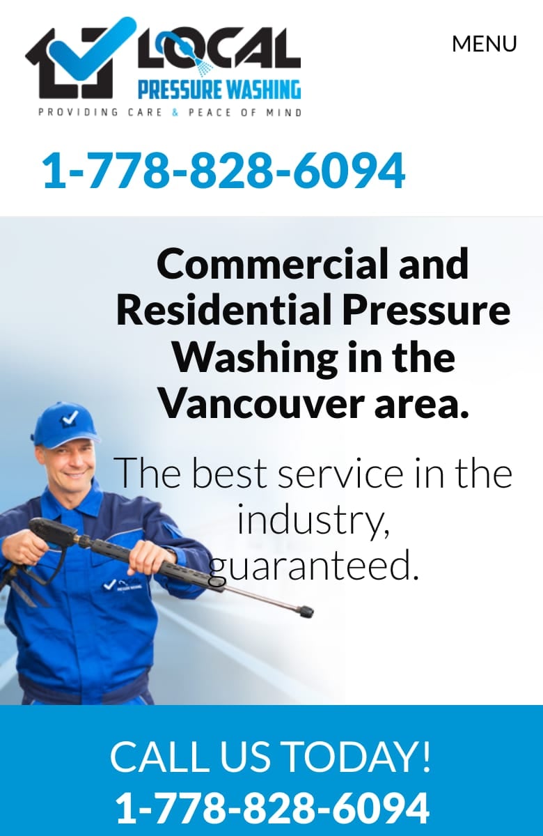 The old Local Pressure Washing homepage on a phone: the headline running over the worker photo, then the phone banner