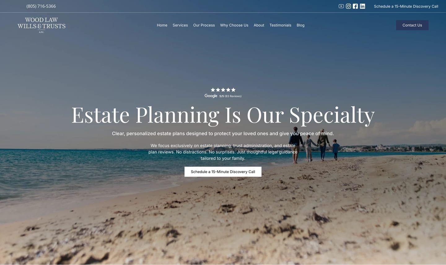 The new Wood Law homepage on a laptop: the headline Estate Planning Is Our Specialty with a Google review badge and a discovery call button