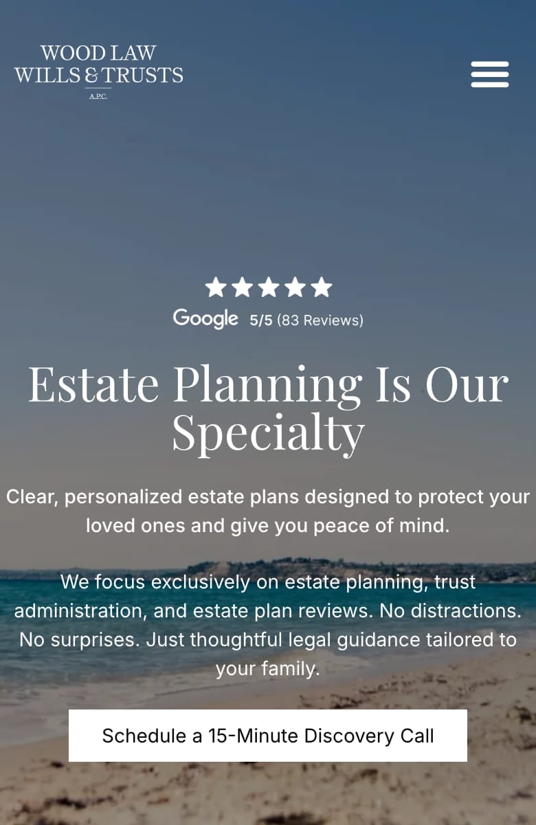 The new Wood Law homepage on a phone: the new headline, the review badge and a discovery call button