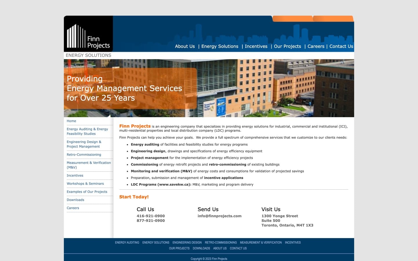 The old Finn Projects homepage on a laptop: a fixed-width page with a photo banner, a sidebar menu and a bullet list of services