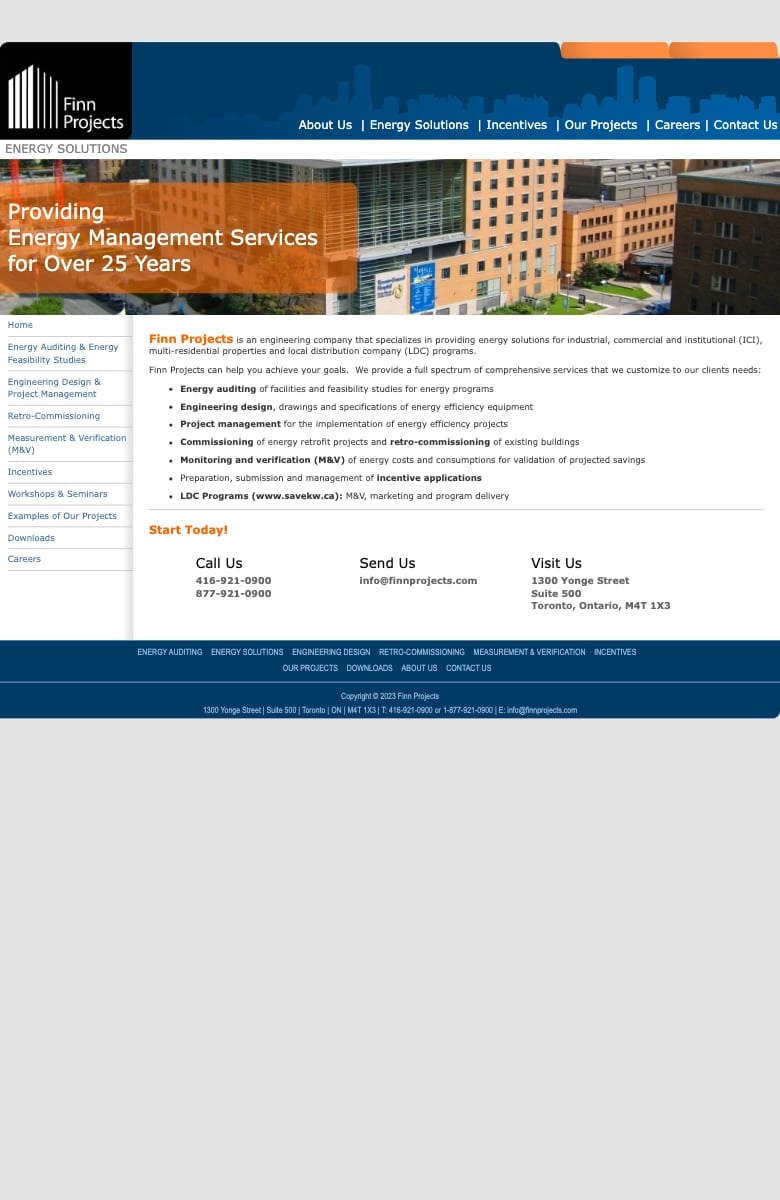 The old Finn Projects homepage on a phone: the whole desktop page shrunk to fit, with tiny text