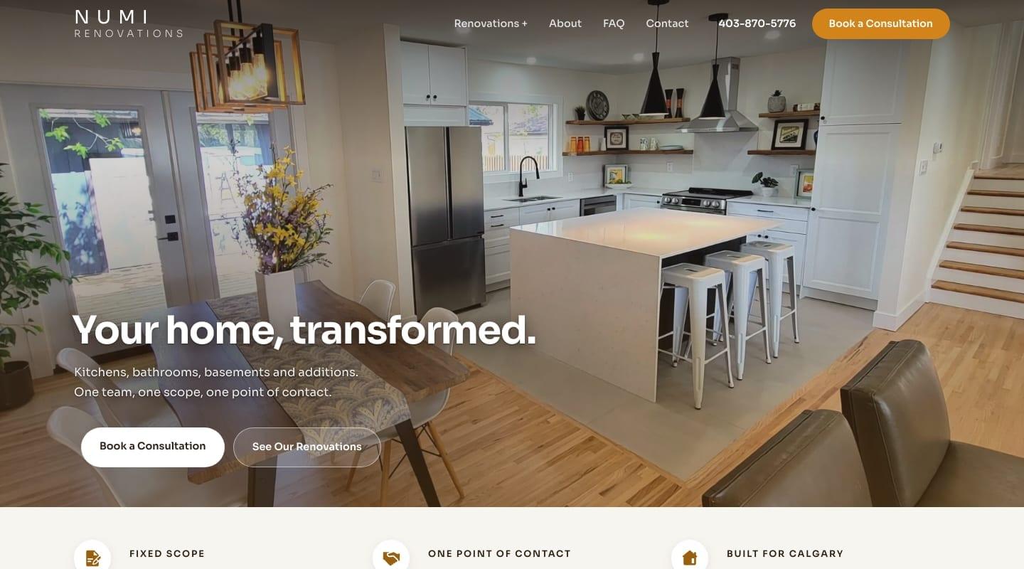 The new NUMI Renovations homepage on a laptop: a finished kitchen behind the headline Your home, transformed. with two booking buttons
