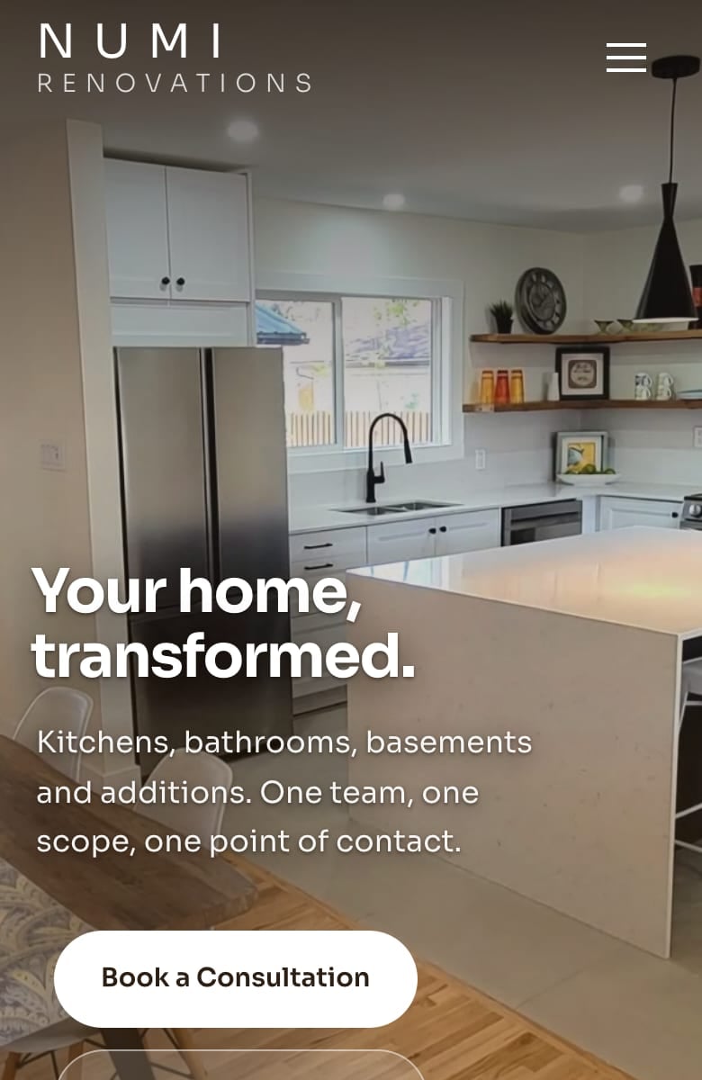 The new NUMI Renovations homepage on a phone: the finished kitchen, the headline and a Book a Consultation button