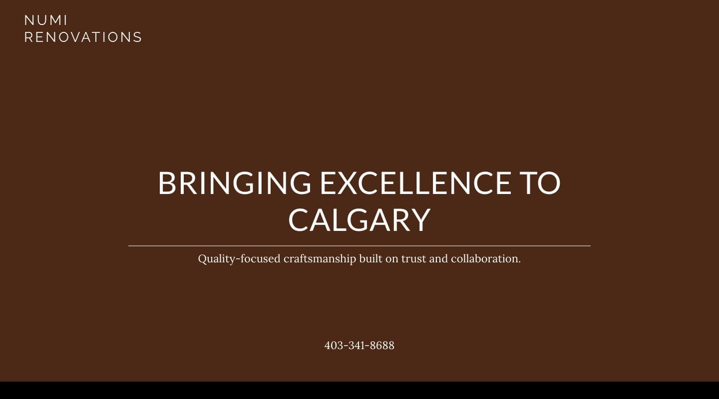 The old NUMI Renovations homepage on a laptop: a brown block with the slogan Bringing Excellence to Calgary and a phone number