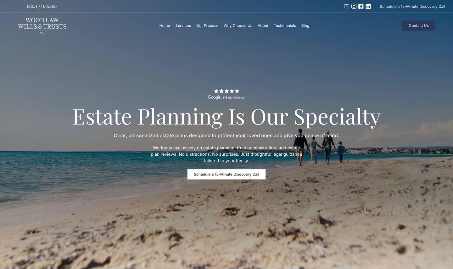 The new Wood Law homepage on a laptop: the headline Estate Planning Is Our Specialty with a Google review badge and a discovery call button